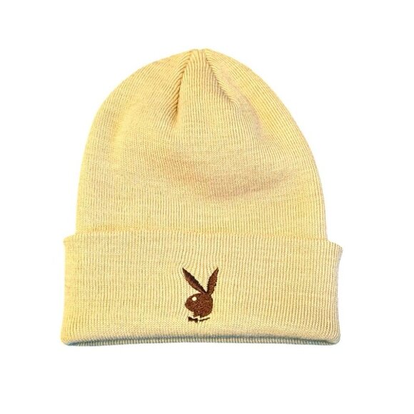 PLAYBOY Accessories - Vintage Playboy Knit Beanie Hat Logo Cuff Beige Tan‎ Brown Unisex